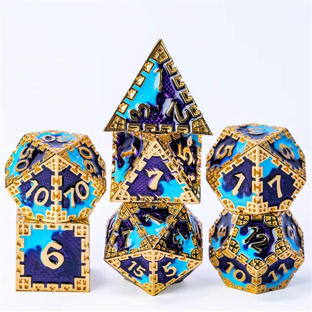 Metal dice set goud paars blauw