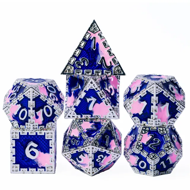 Metal dice set Zilver Blauw Roze