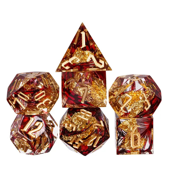 Handmade sharp edge Feather&Goldfoil red DND Dice