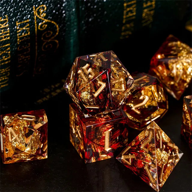 Handmade sharp edge Feather&Goldfoil red DND Dice