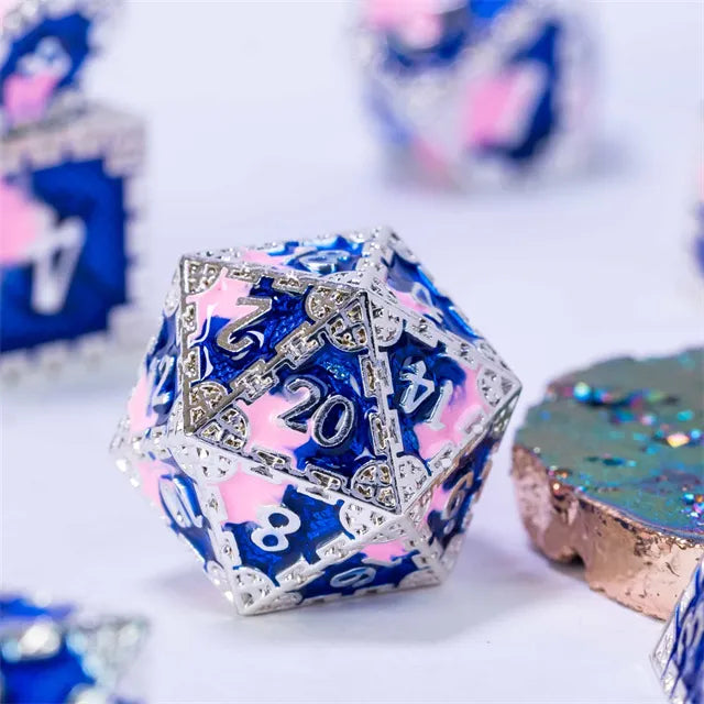 Metal dice set Zilver Blauw Roze